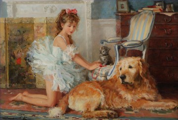 女の子と犬子猫 008 ペットの子供たち Oil Paintings